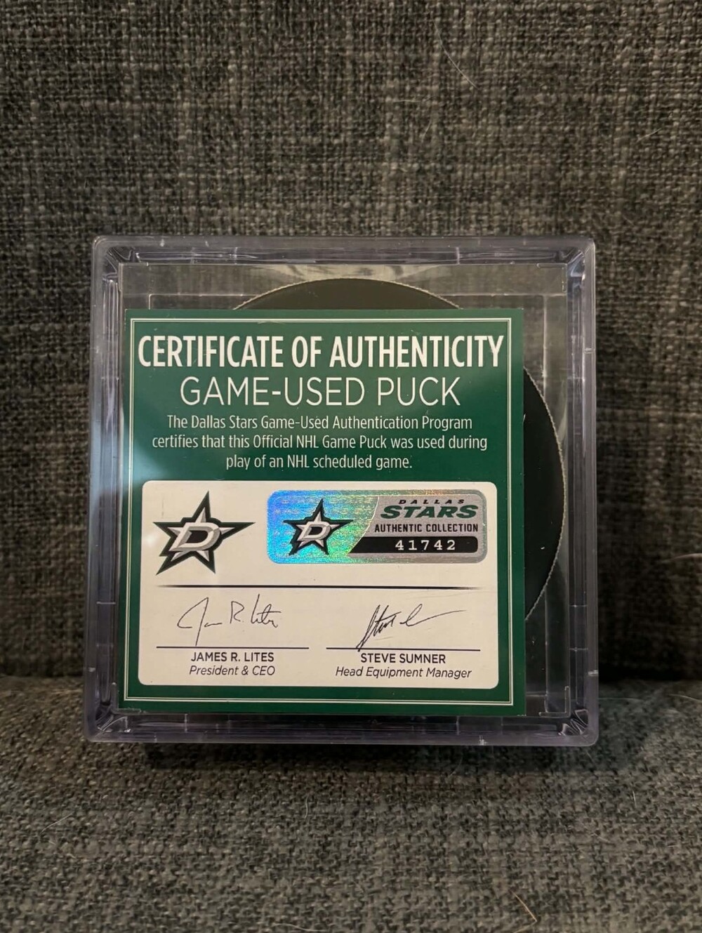 Game Used Minnesota Wild Goal Puck 12/27/2024 Minnesota Wild at Dallas Stars